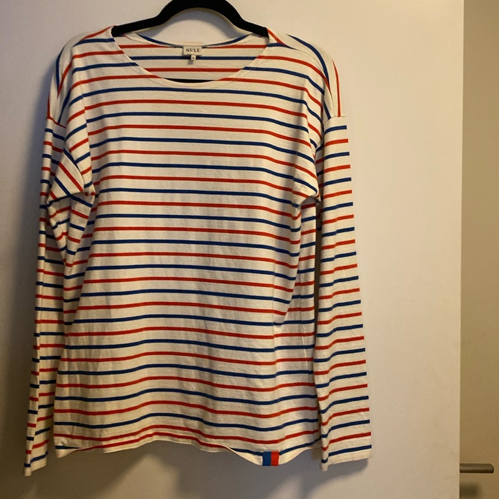 Kule The Boyfriend Long Sleeve T-shirt in White/True Blue/Poppy Medium